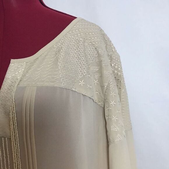 Chico's Sheer Cream Blouse with Beaded Fringe Detail Women Size XXL Embroidered - Picture 8 of 12